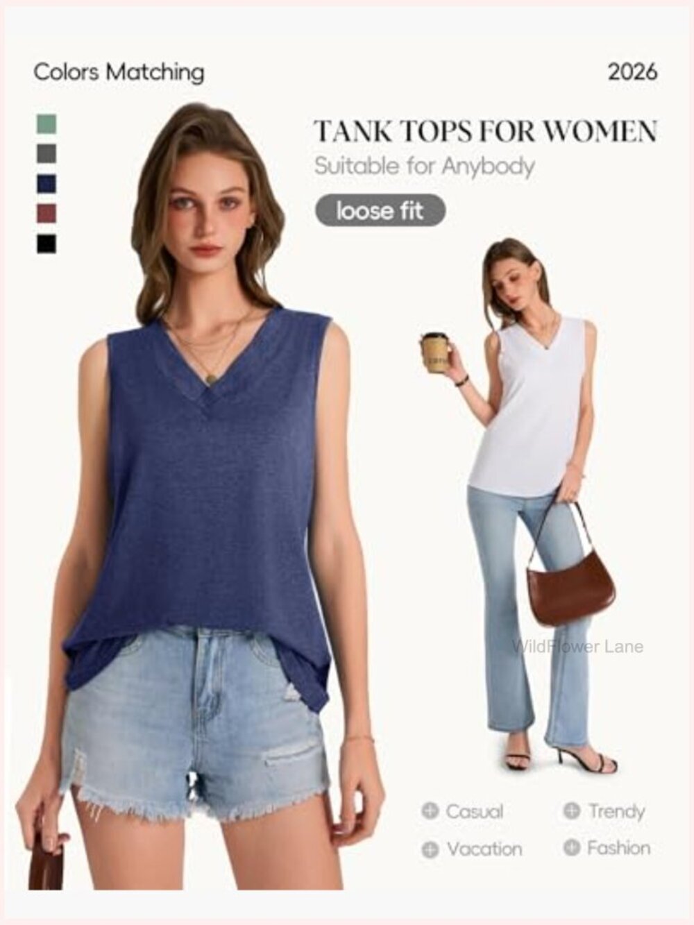 3 Pack Sleeveless V Neck Tank Tops Loose Fit Flowy Summer Tops - Picture 3 of 7